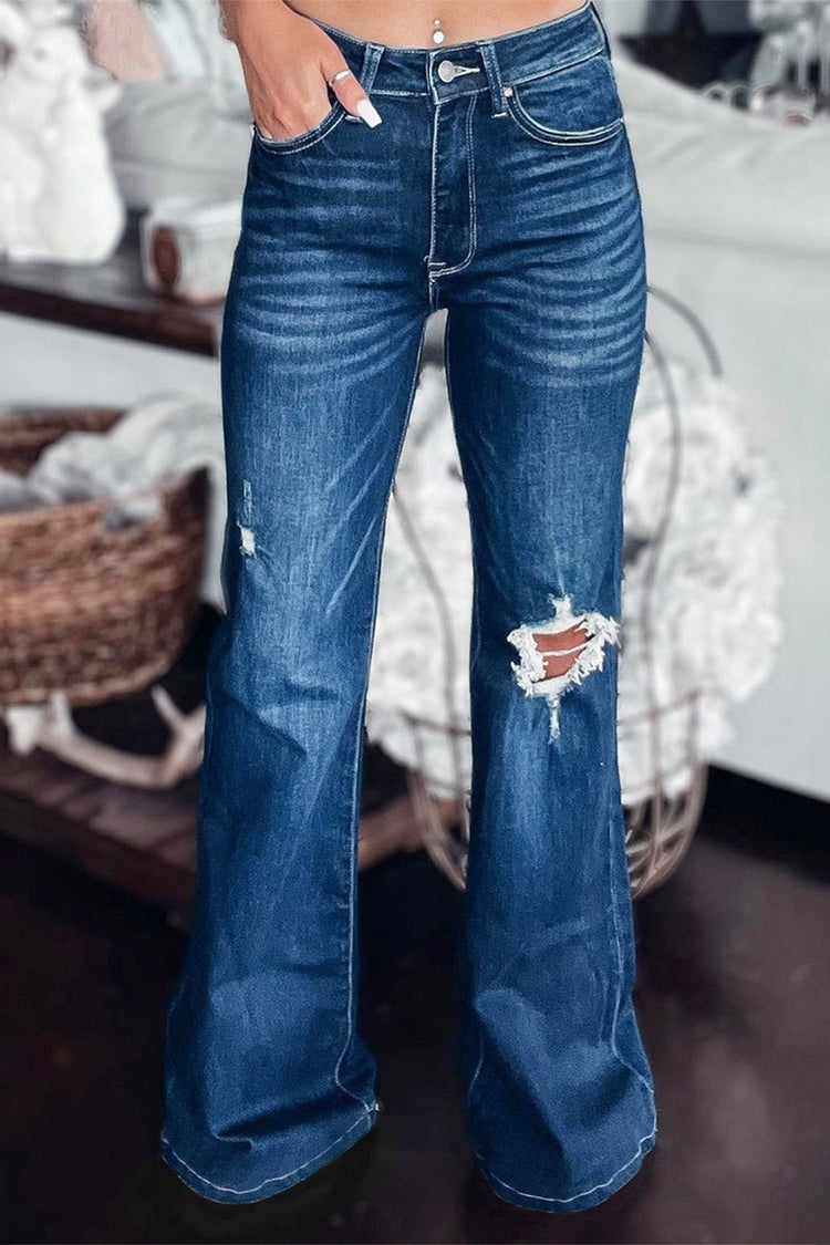 Asymmetrical Open Knee Distressed Flare Jeans - Jeans - FITGGINS