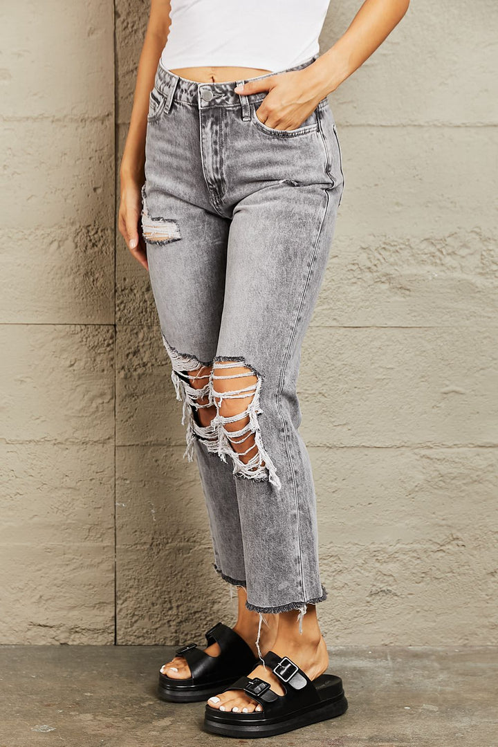 BAYEAS Acid Wash Distressed Cropped Straight Jeans - Jeans - FITGGINS