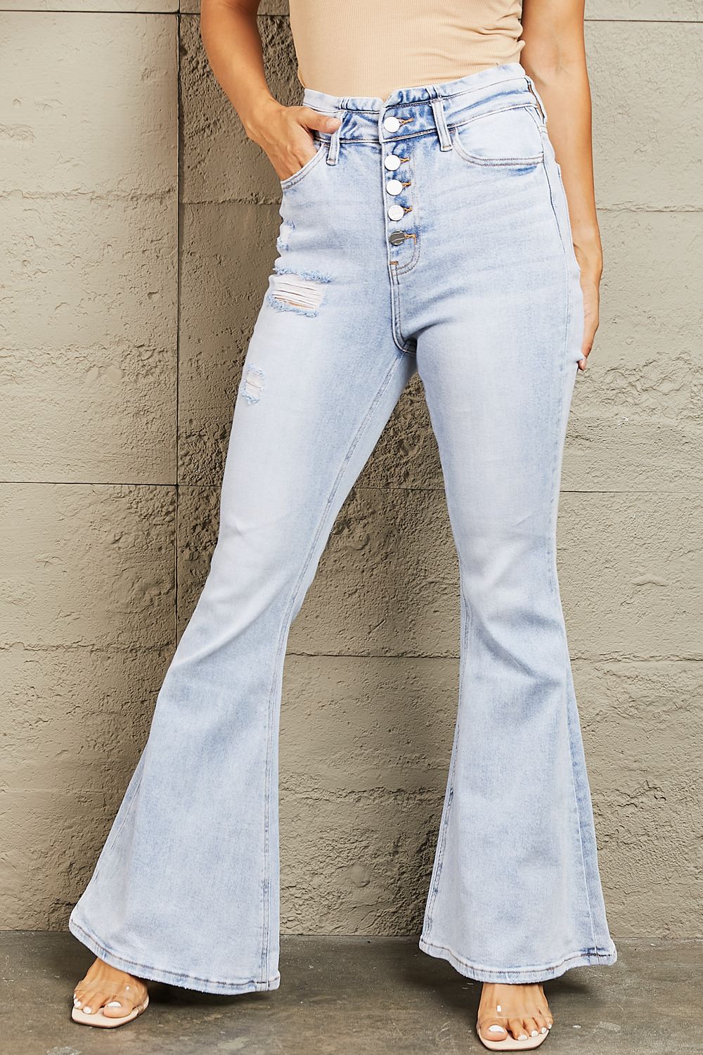 BAYEAS High Waisted Button Fly Flare Jeans - Jeans - FITGGINS