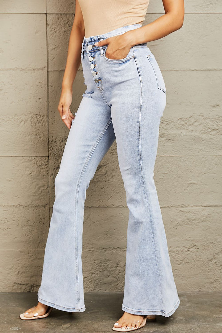 BAYEAS High Waisted Button Fly Flare Jeans - Jeans - FITGGINS
