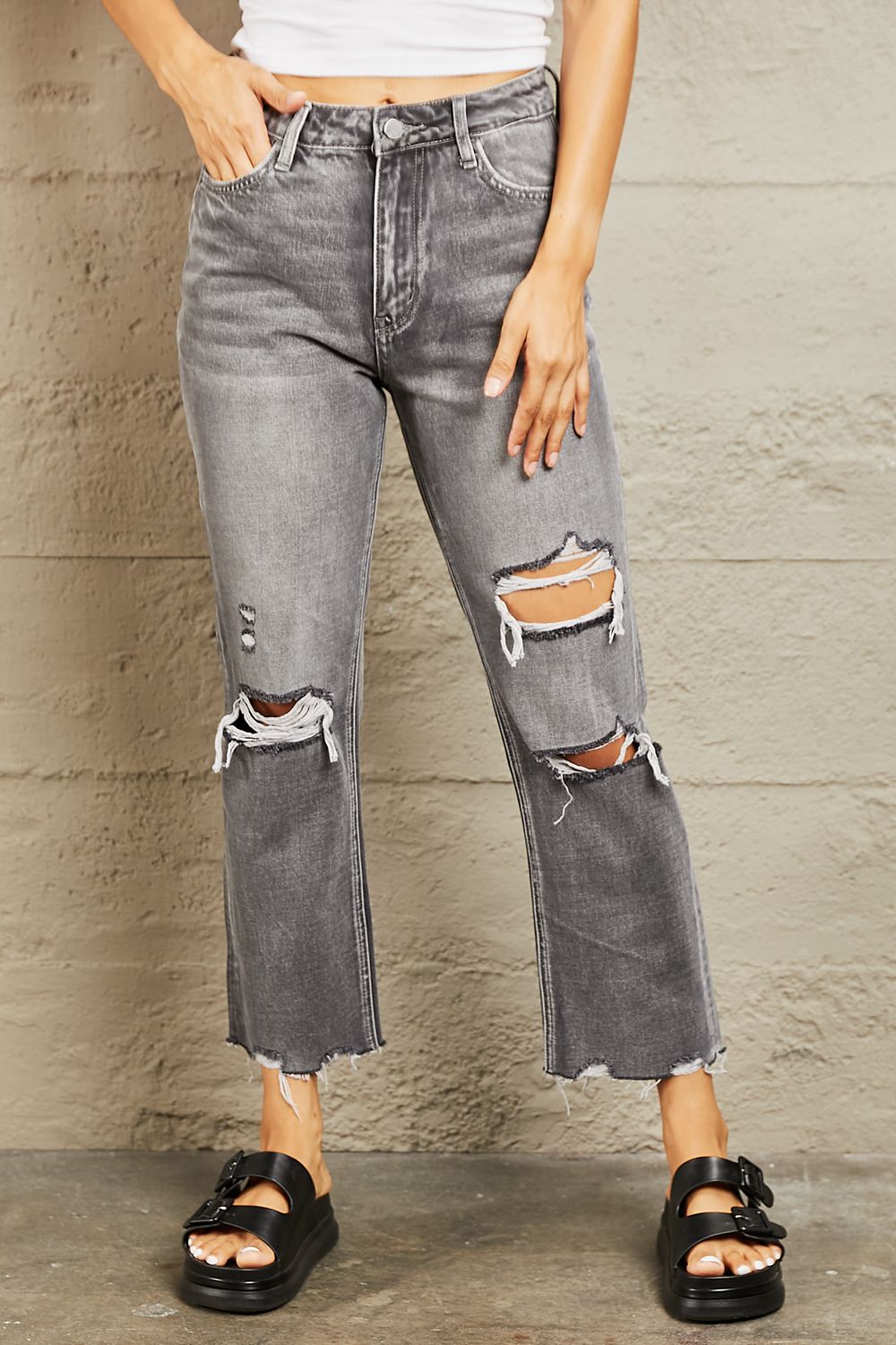 BAYEAS Mid Rise Distressed Cropped Dad Jeans - Jeans - FITGGINS