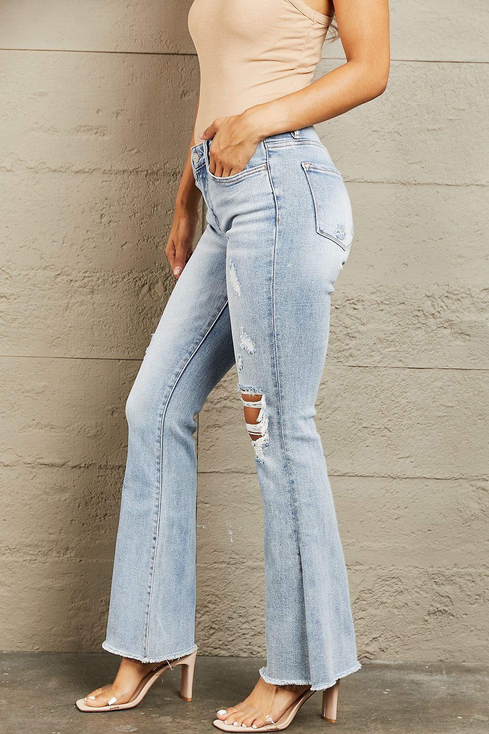 BAYEAS Mid Rise Distressed Flare Jeans - Jeans - FITGGINS