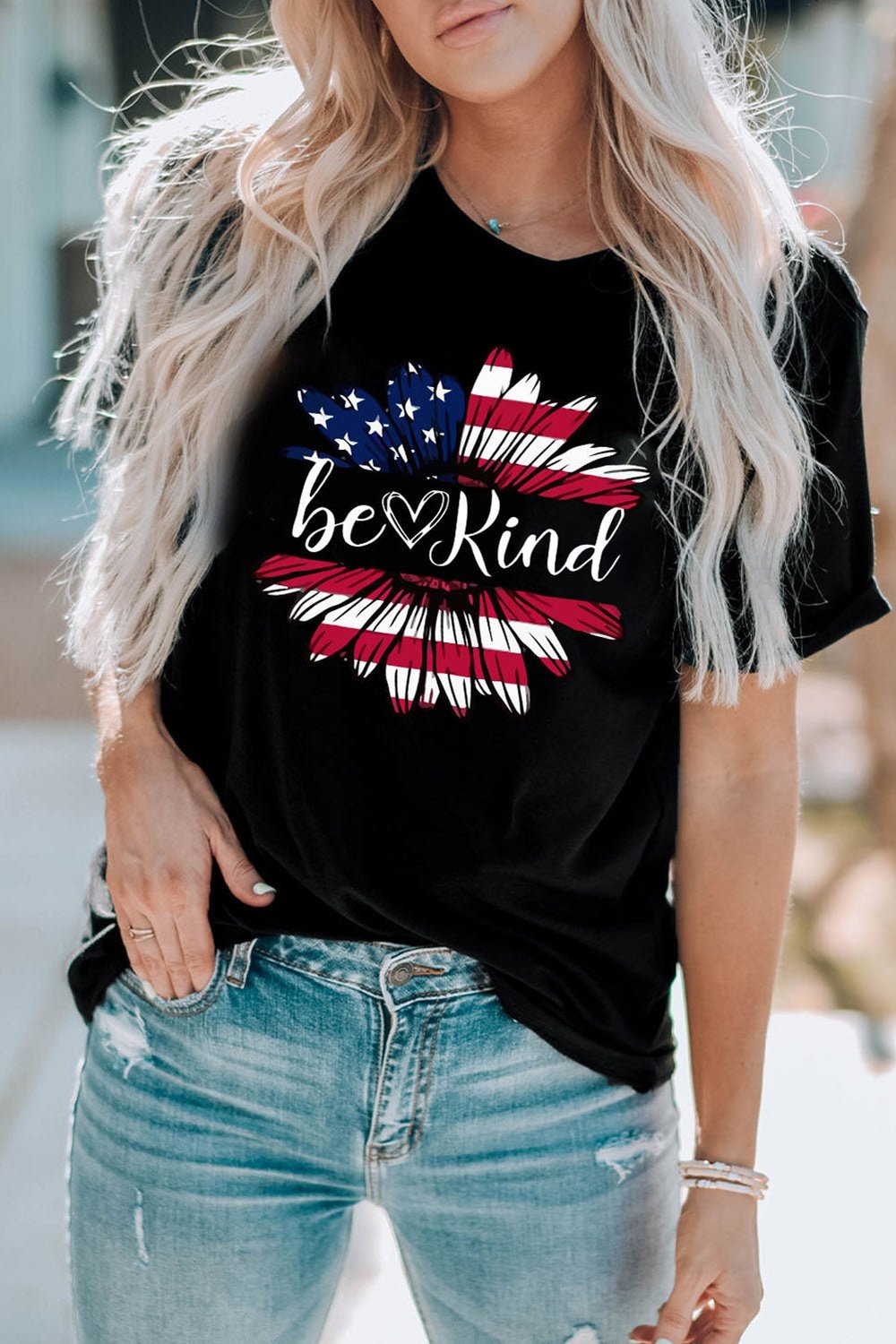 BE KIND US Flag Graphic Round Neck Tee - T-Shirts - FITGGINS