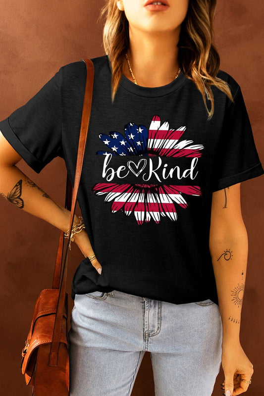 BE KIND US Flag Graphic Round Neck Tee - T-Shirts - FITGGINS