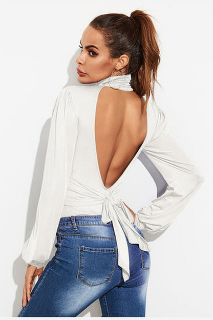 Backless Tie-Waist Turtleneck Lantern Sleeve Bodysuit - Bodysuit - FITGGINS