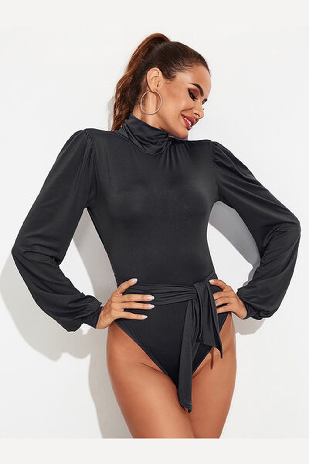 Backless Tie-Waist Turtleneck Lantern Sleeve Bodysuit - Bodysuit - FITGGINS