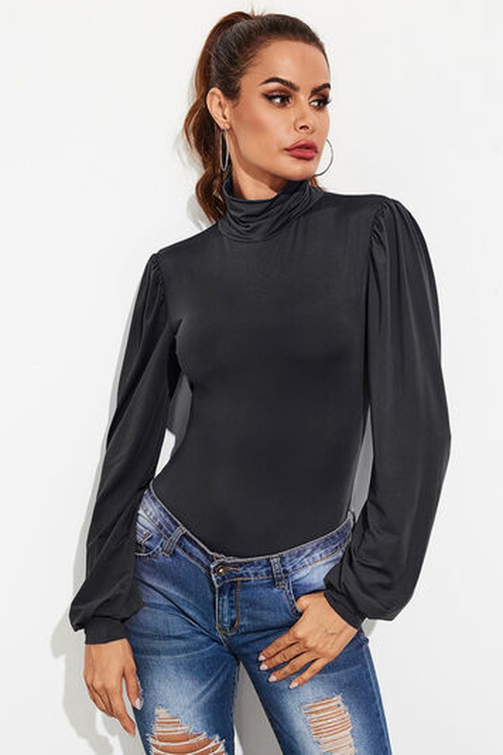 Backless Tie-Waist Turtleneck Lantern Sleeve Bodysuit - Bodysuit - FITGGINS