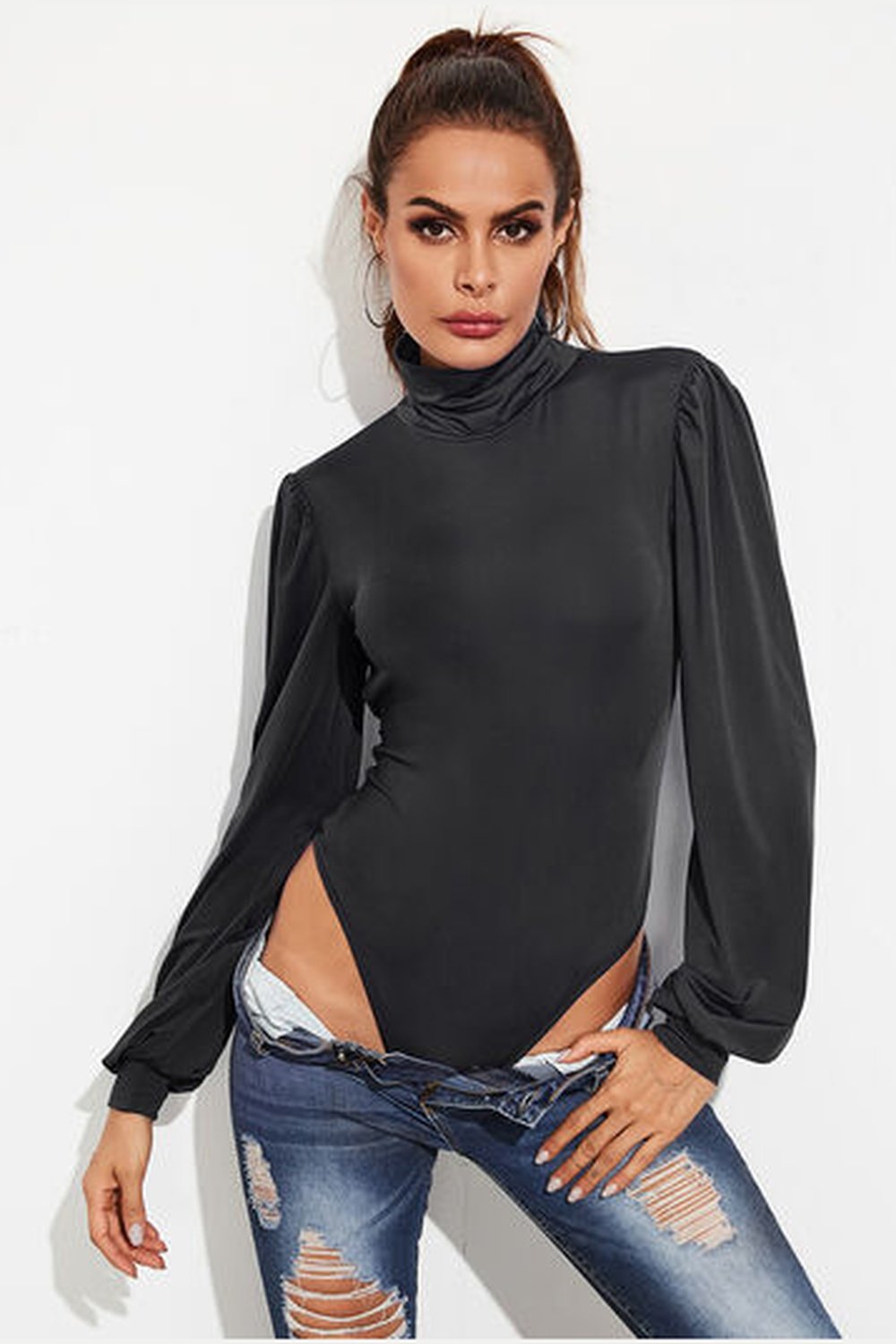 Backless Tie-Waist Turtleneck Lantern Sleeve Bodysuit - Bodysuit - FITGGINS