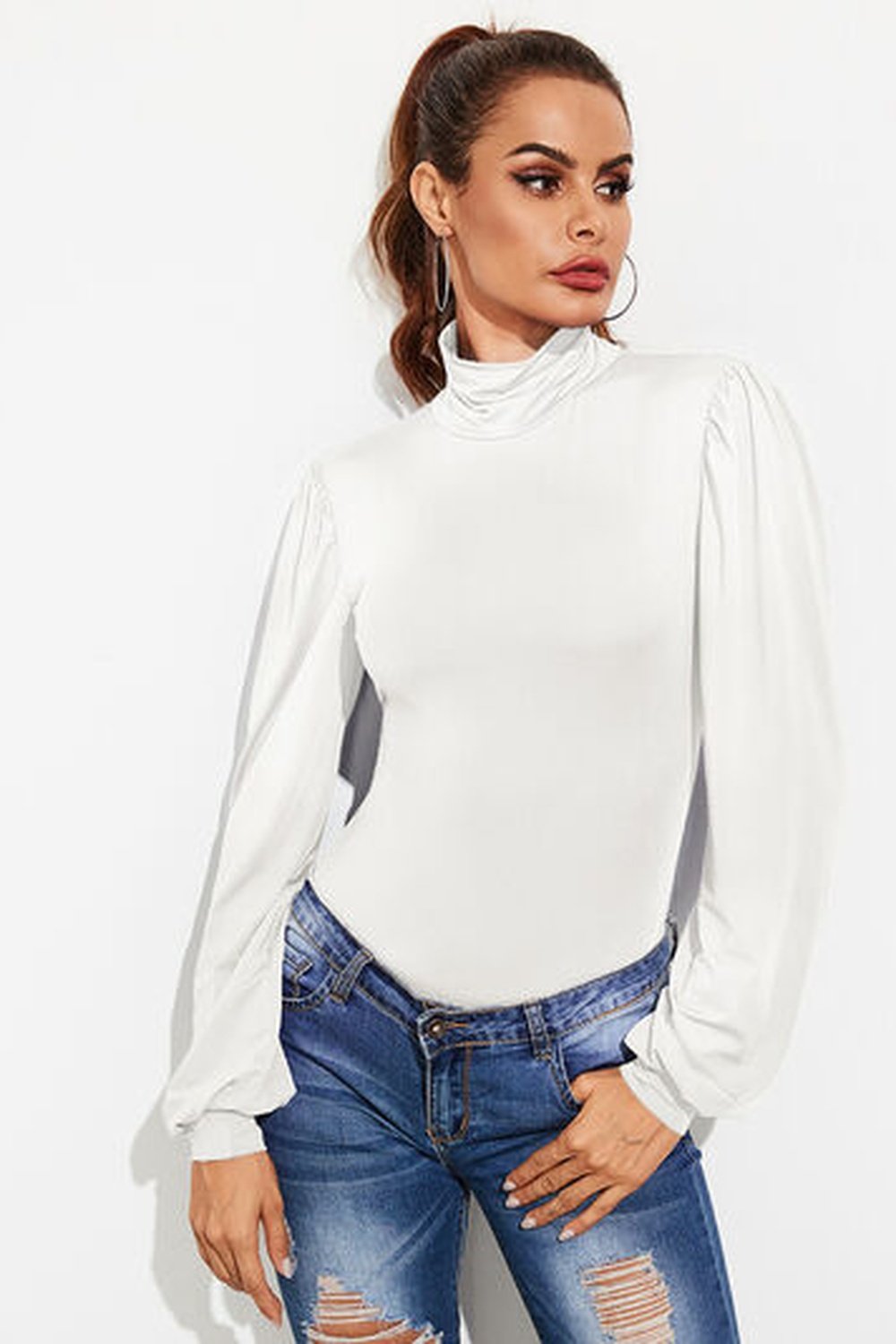 Backless Tie-Waist Turtleneck Lantern Sleeve Bodysuit - Bodysuit - FITGGINS