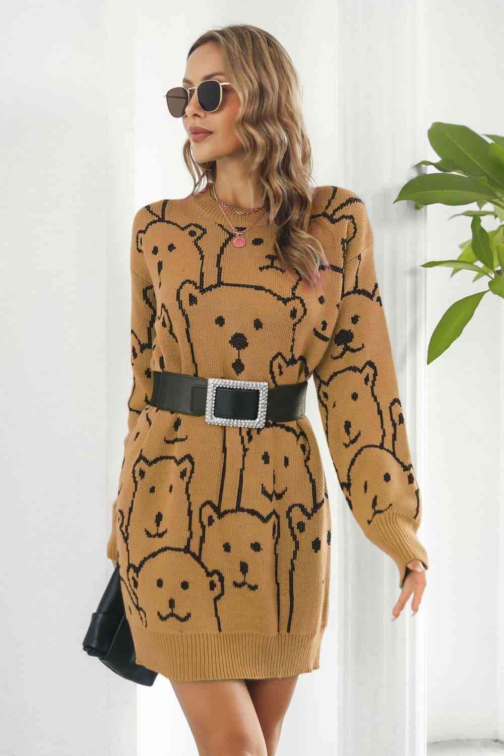 Bear Pattern Round Neck Sweater Dress - Sweater Dresses - FITGGINS