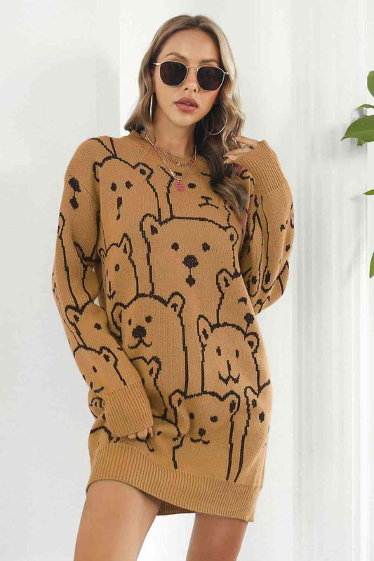 Bear Pattern Round Neck Sweater Dress - Sweater Dresses - FITGGINS