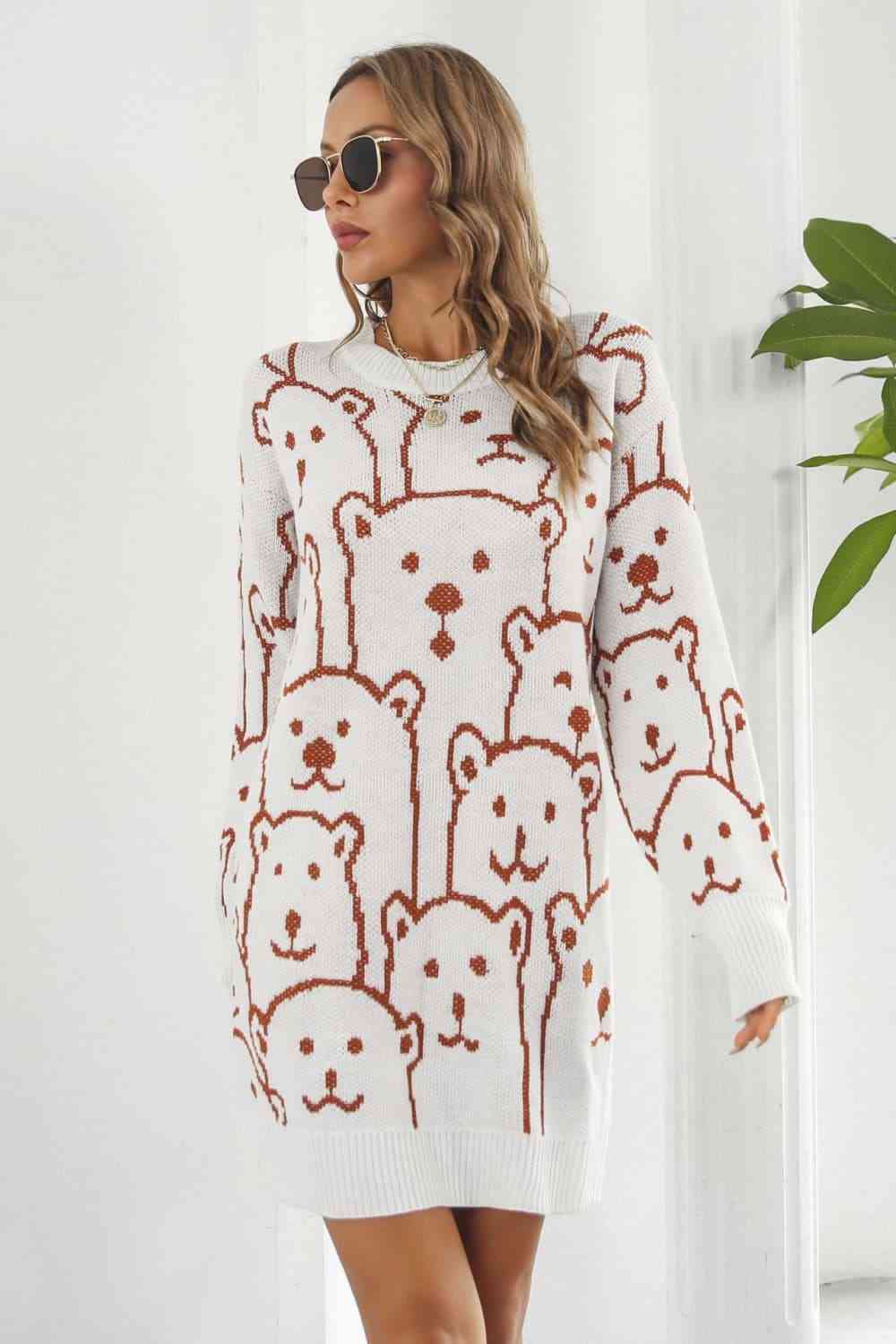 Bear Pattern Round Neck Sweater Dress - Sweater Dresses - FITGGINS