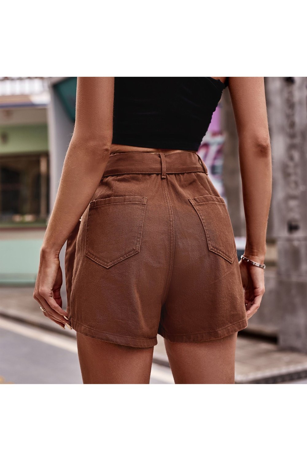 Belted Denim Shorts with Pockets - Denim Shorts - FITGGINS