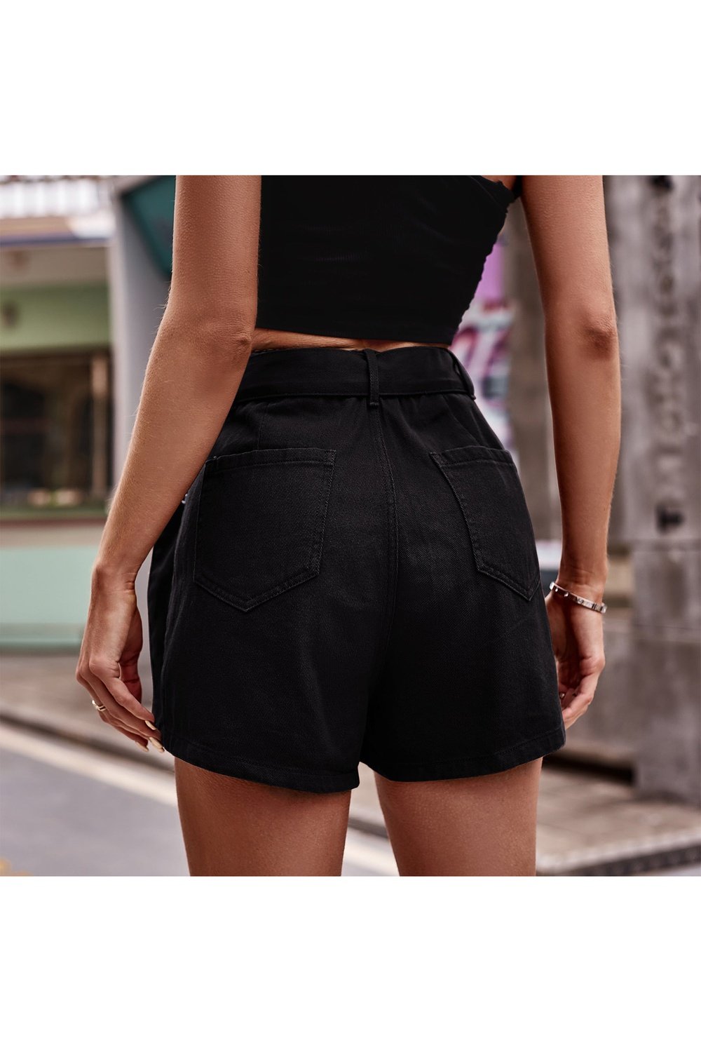 Belted Denim Shorts with Pockets - Denim Shorts - FITGGINS