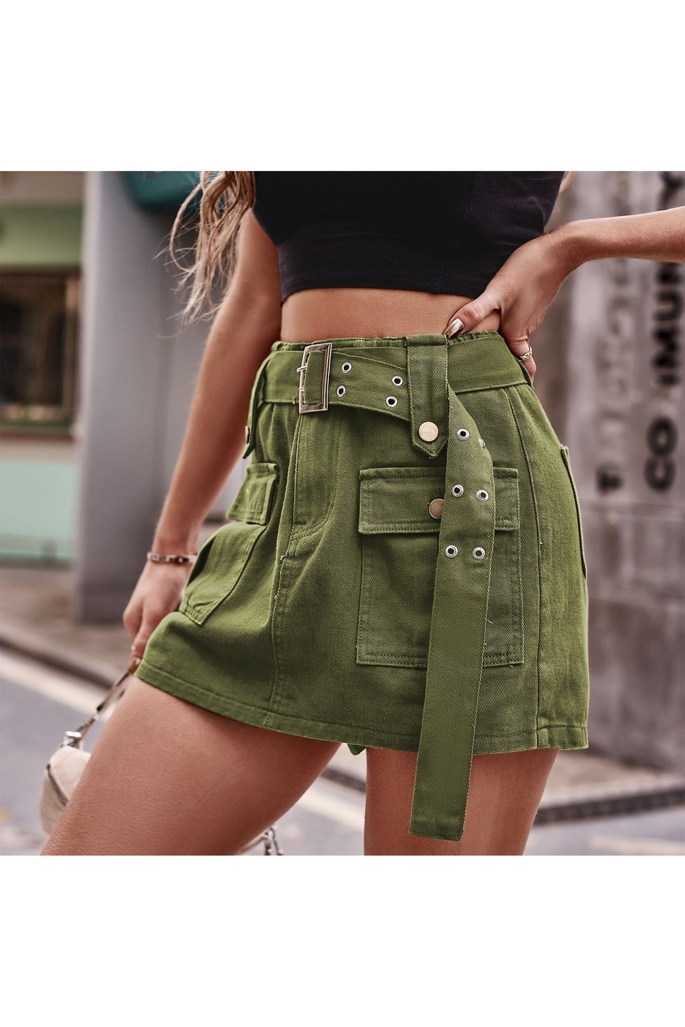 Belted Denim Shorts with Pockets - Denim Shorts - FITGGINS