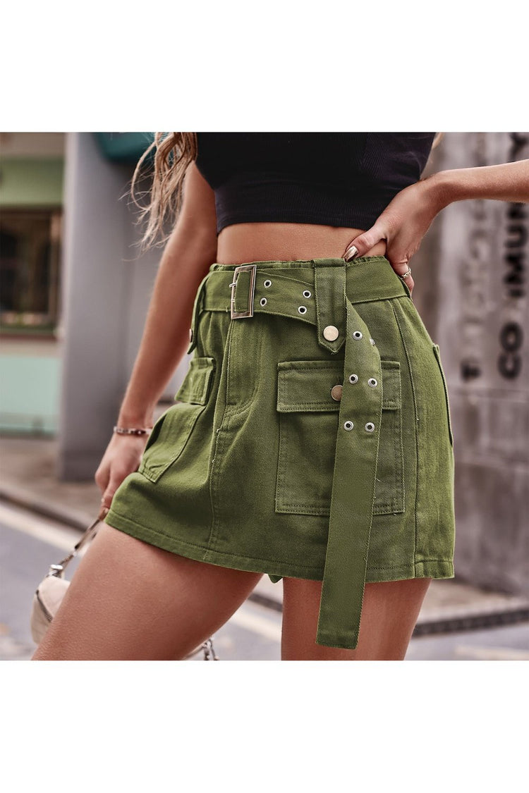 Belted Denim Shorts with Pockets