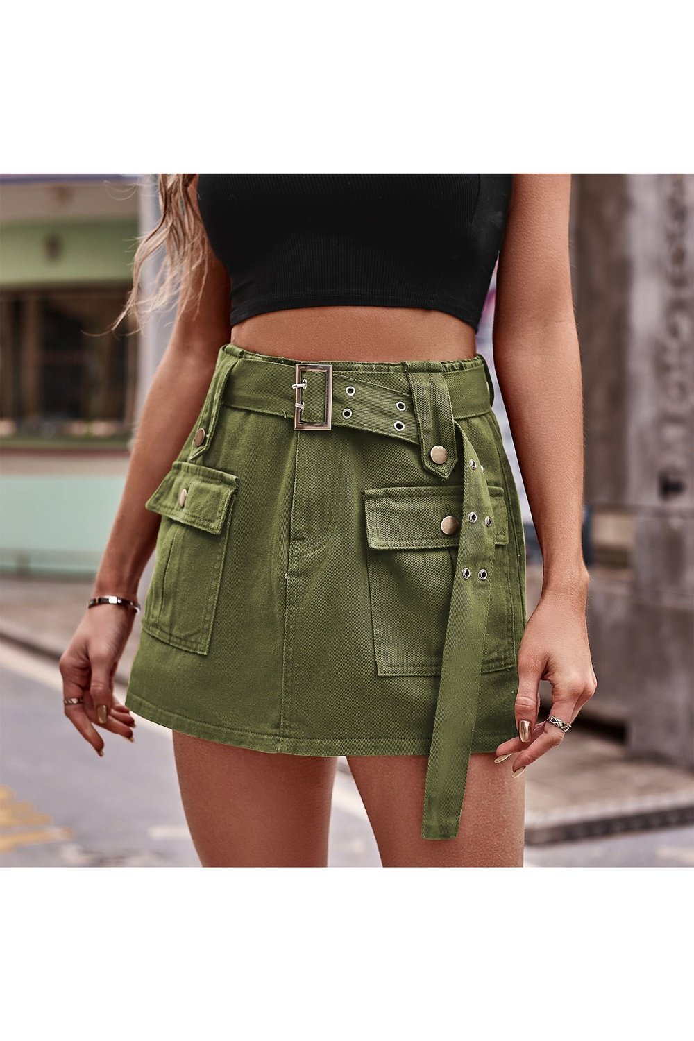 Belted Denim Shorts with Pockets - Denim Shorts - FITGGINS