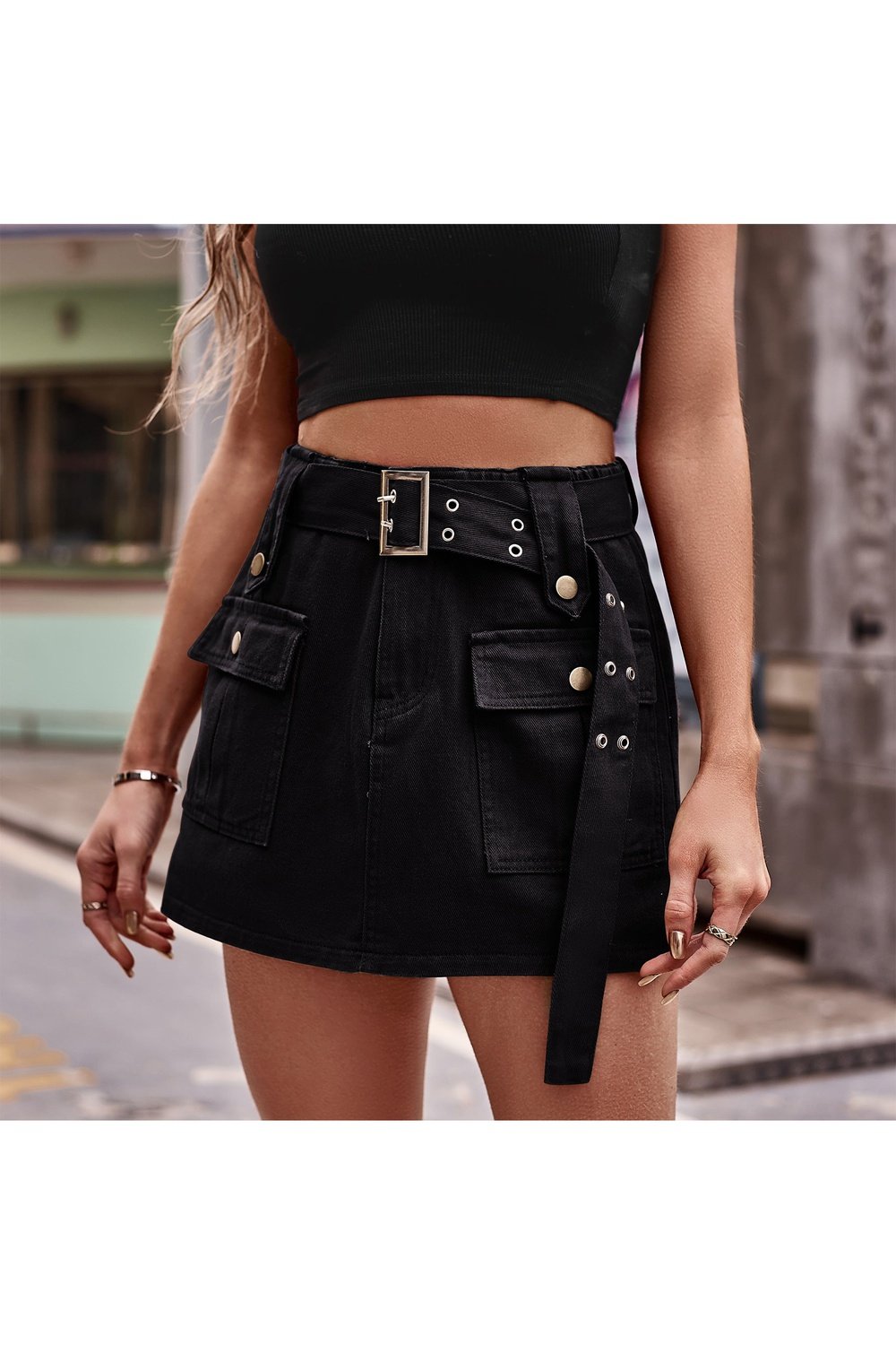 Belted Denim Shorts with Pockets - Denim Shorts - FITGGINS