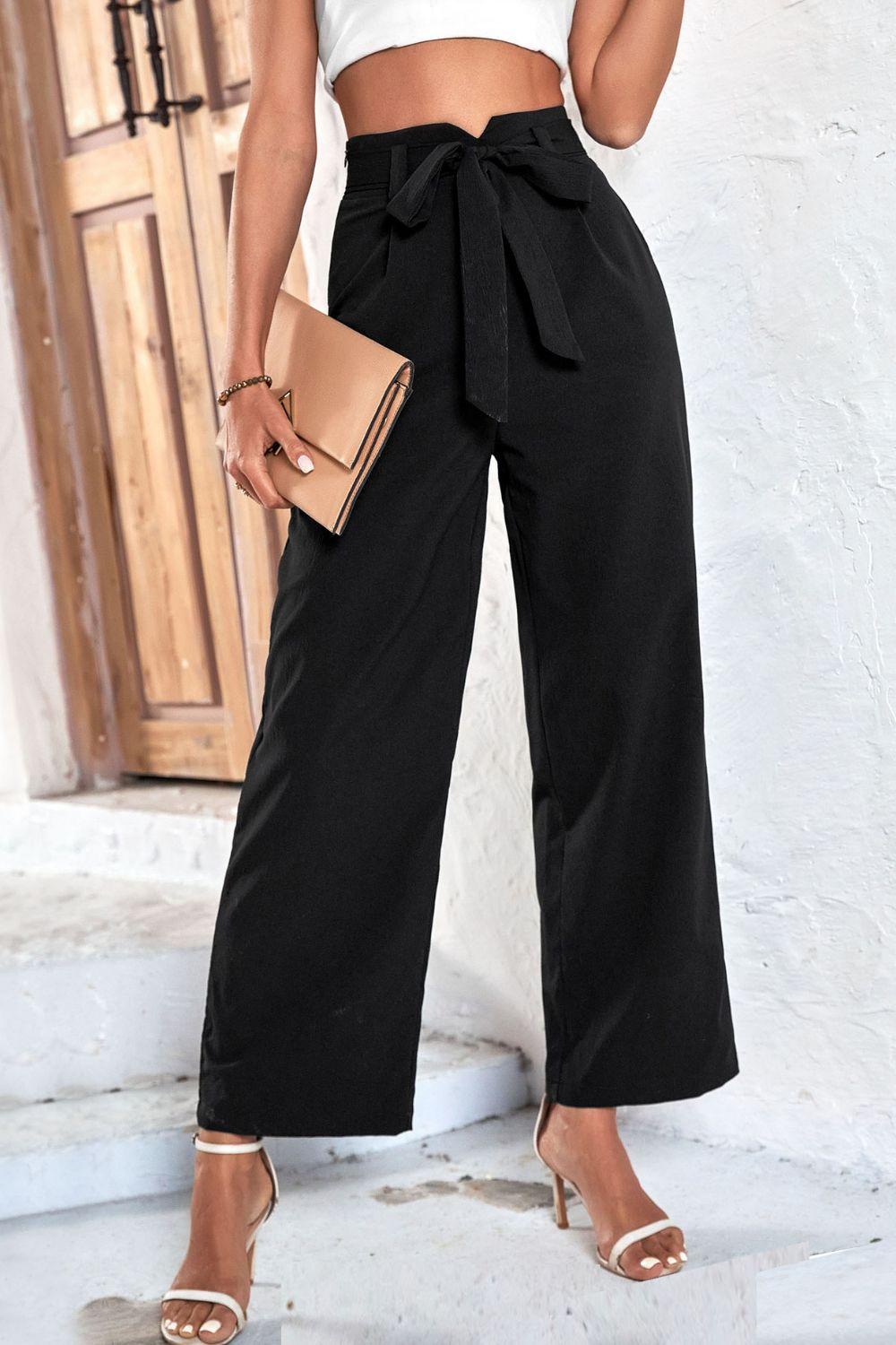 Belted High-Rise Wide Leg Pants - Pants - FITGGINS