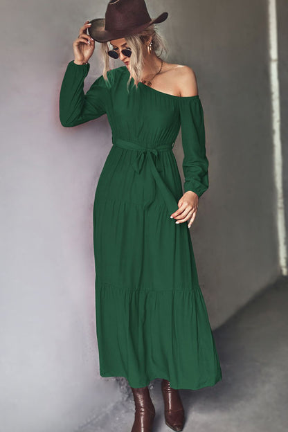 Belted One-Shoulder Tiered Maxi Dress - Casual & Maxi Dresses - FITGGINS