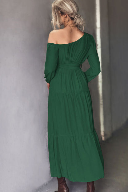 Belted One-Shoulder Tiered Maxi Dress - Casual & Maxi Dresses - FITGGINS