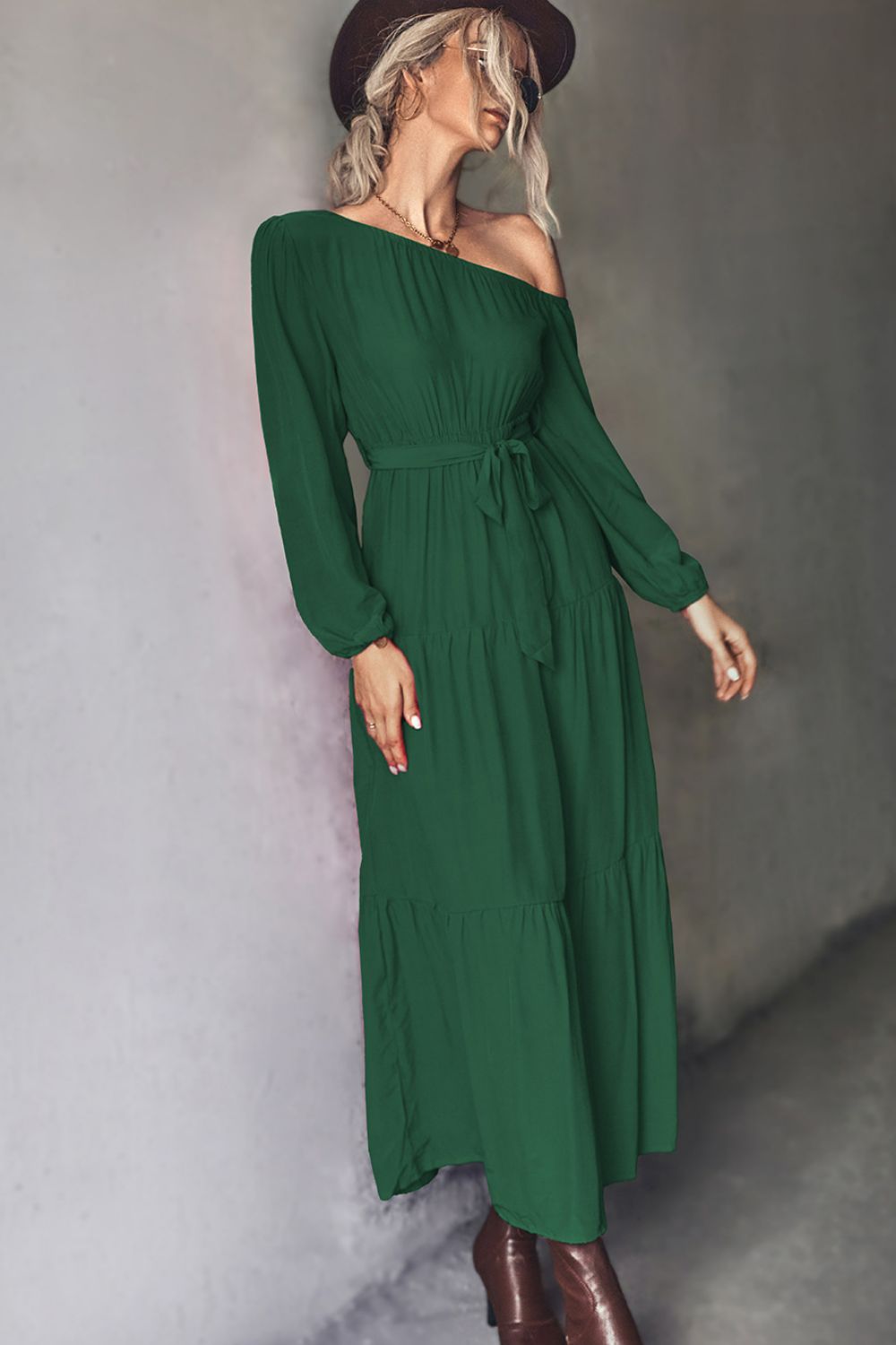 Belted One-Shoulder Tiered Maxi Dress - Casual & Maxi Dresses - FITGGINS