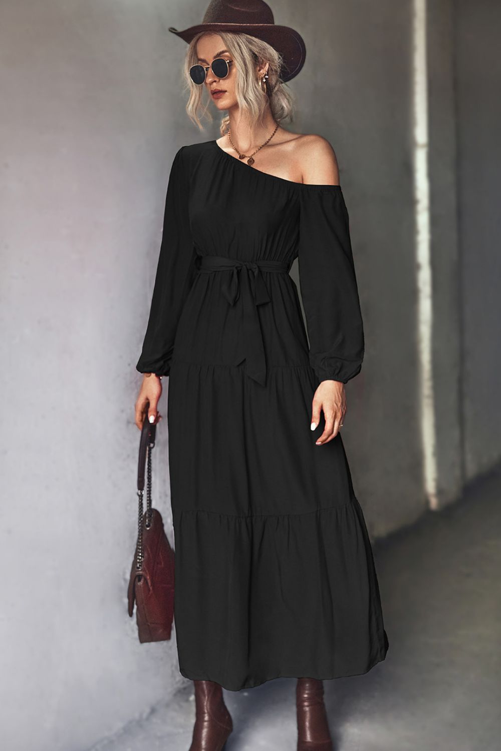 Belted One-Shoulder Tiered Maxi Dress - Casual & Maxi Dresses - FITGGINS