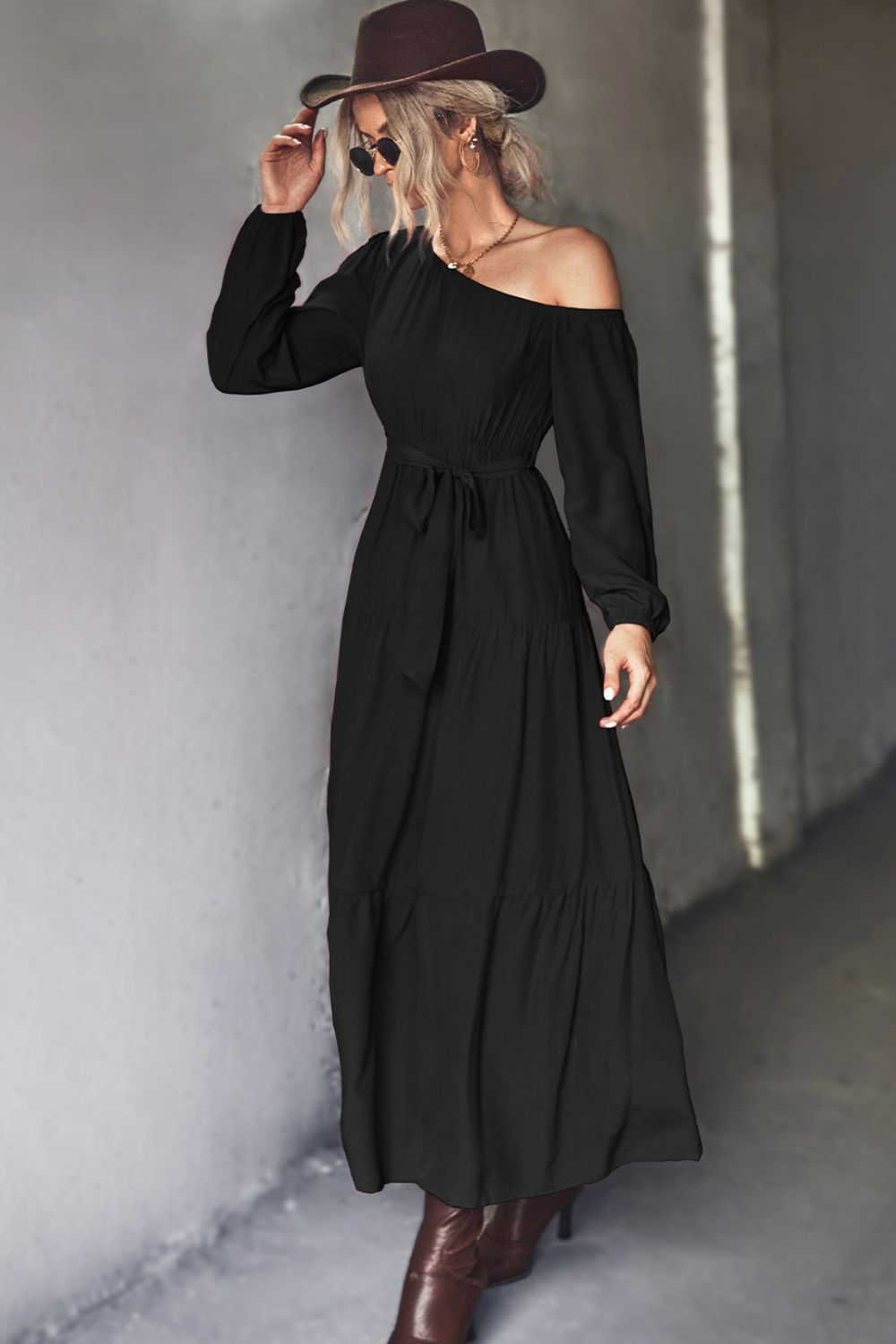 Belted One-Shoulder Tiered Maxi Dress - Casual & Maxi Dresses - FITGGINS