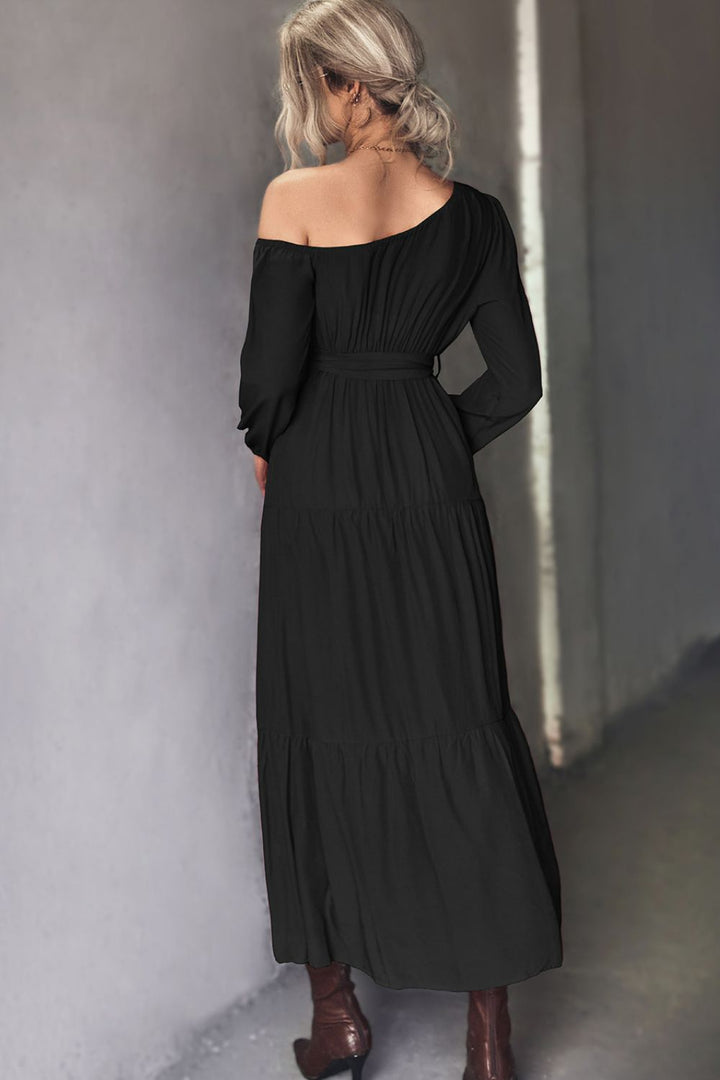 Belted One-Shoulder Tiered Maxi Dress - Casual & Maxi Dresses - FITGGINS