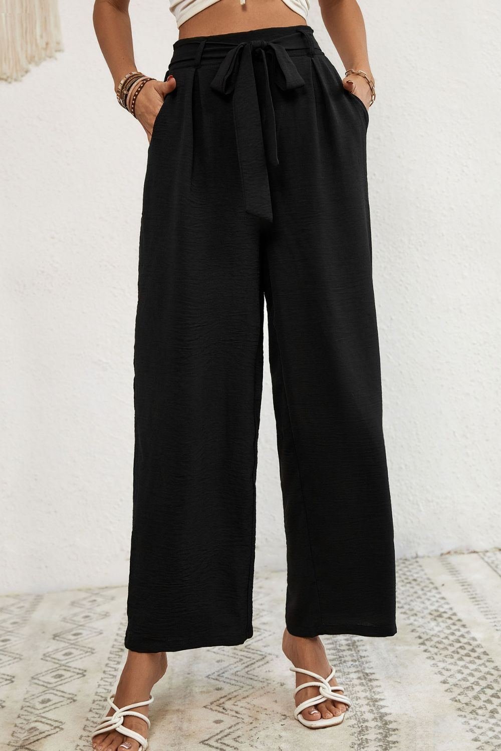 Belted Pleated Waist Wide Leg Pants - Pants - FITGGINS