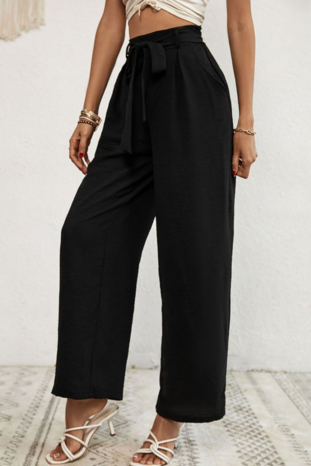 Belted Pleated Waist Wide Leg Pants - Pants - FITGGINS