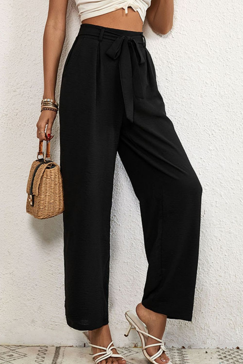 Belted Pleated Waist Wide Leg Pants - Pants - FITGGINS