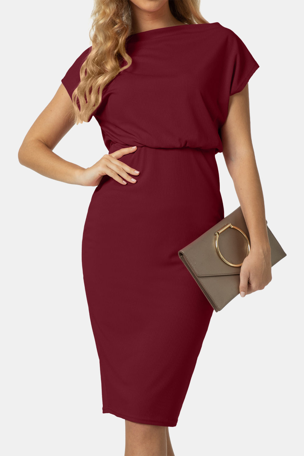 Boat Neck Short Sleeve Knee-Length Dress - Casual & Maxi Dresses - FITGGINS