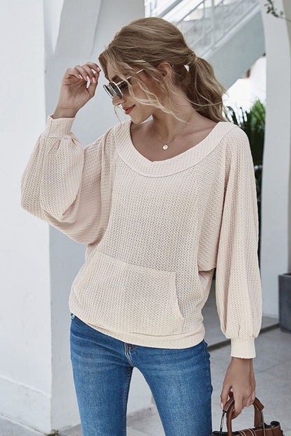 Boat Neck Waffle-Knit Lantern Sleeve Blouse with Pocket - Blouses - FITGGINS