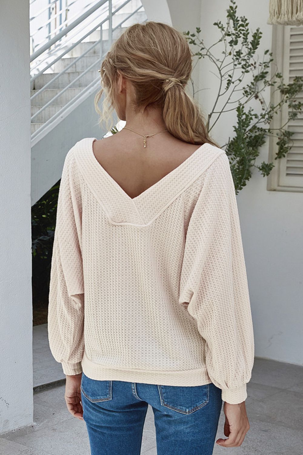 Boat Neck Waffle-Knit Lantern Sleeve Blouse with Pocket - Blouses - FITGGINS