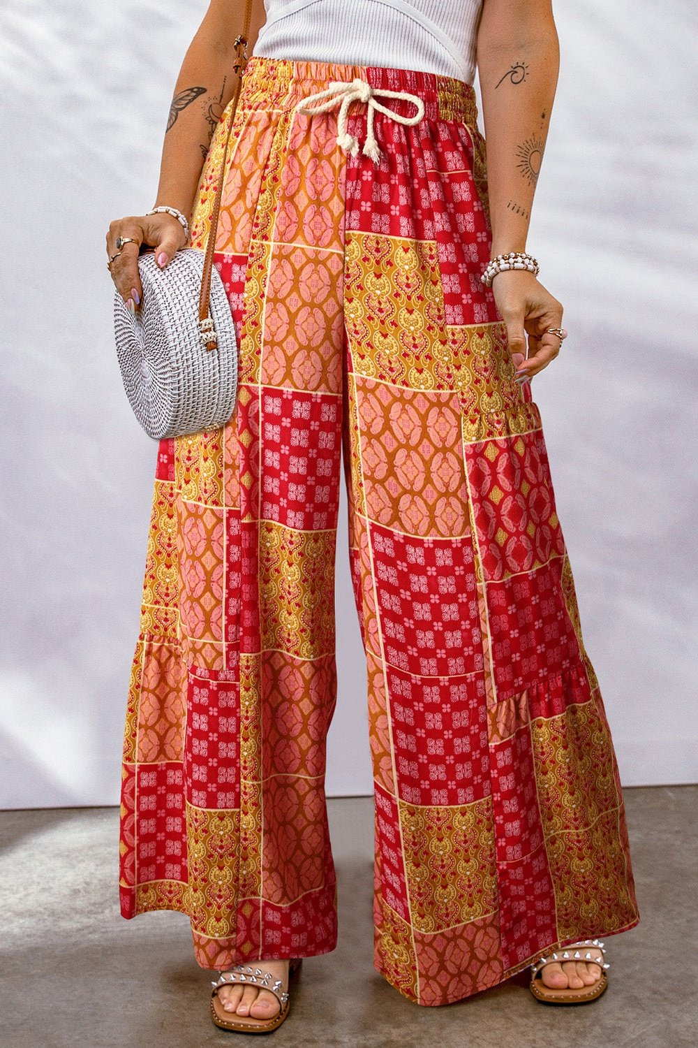 Bohemian Patchwork Drawstring Wide Leg Pants - Pants - FITGGINS