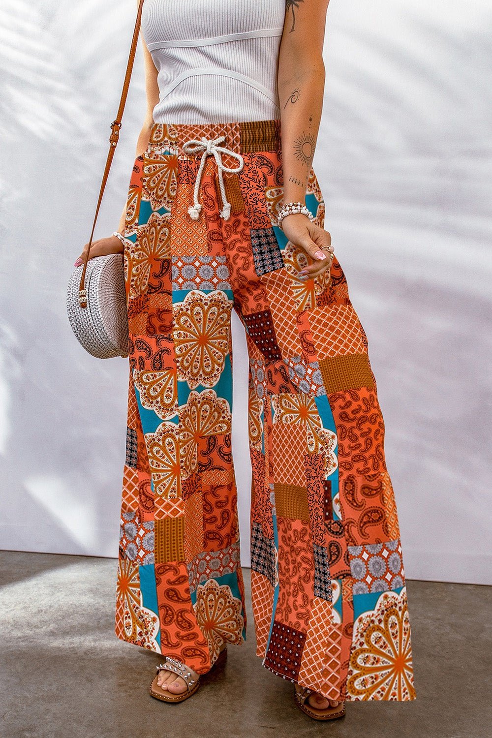 Bohemian Patchwork Drawstring Wide Leg Pants - Pants - FITGGINS