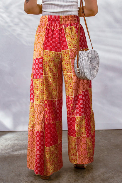 Bohemian Patchwork Drawstring Wide Leg Pants - Pants - FITGGINS