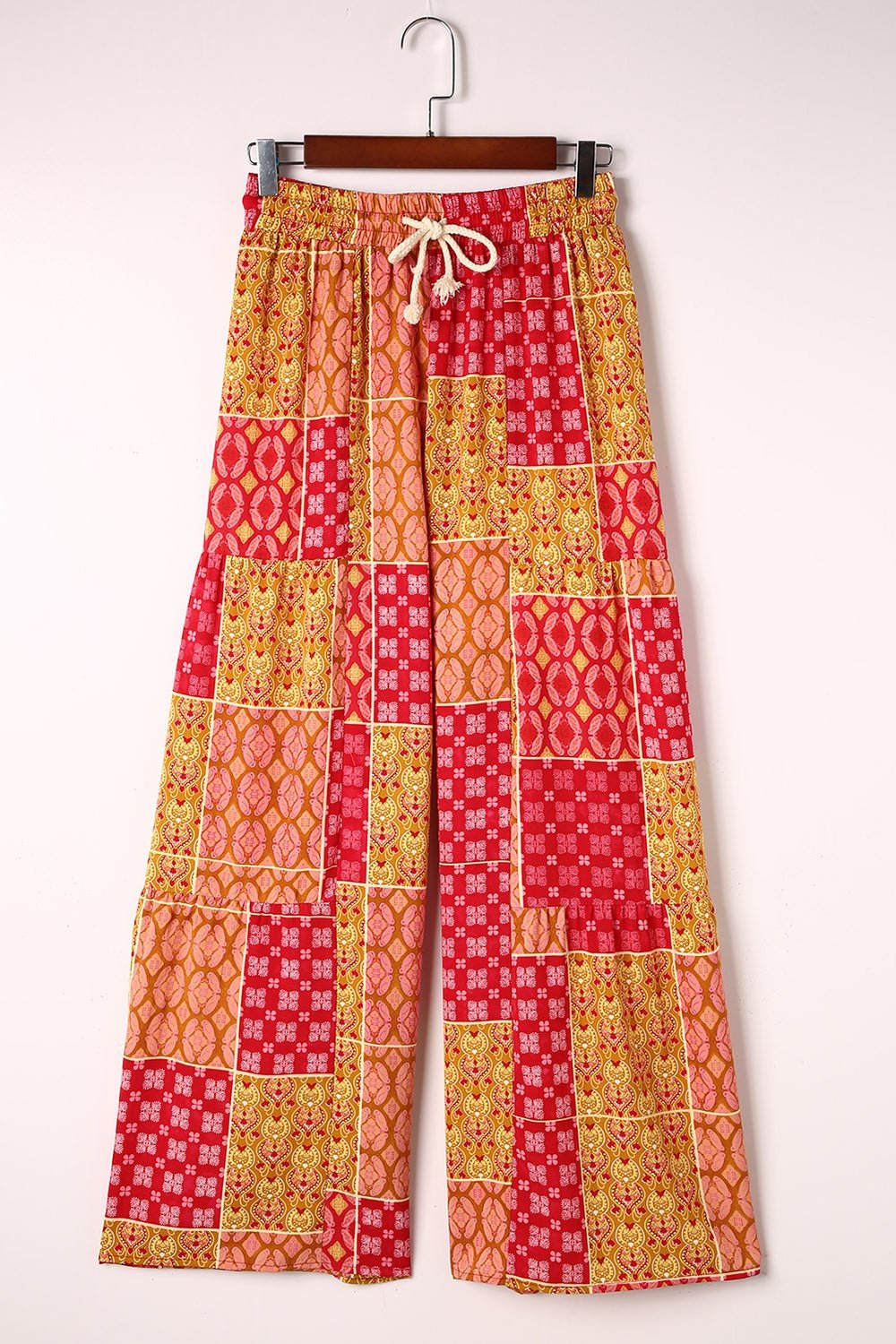 Bohemian Patchwork Drawstring Wide Leg Pants - Pants - FITGGINS