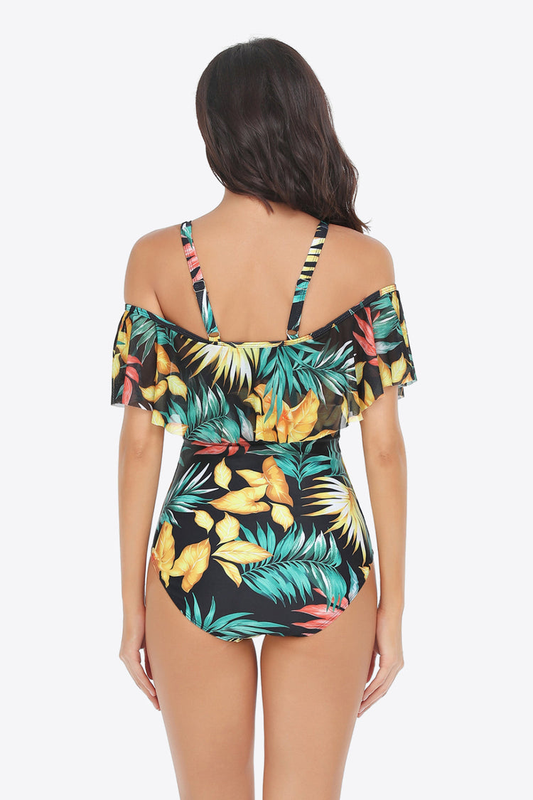 Botanical Print Cold-Shoulder Layered One-Piece Swimsuit - Swimwear One-Pieces - FITGGINS
