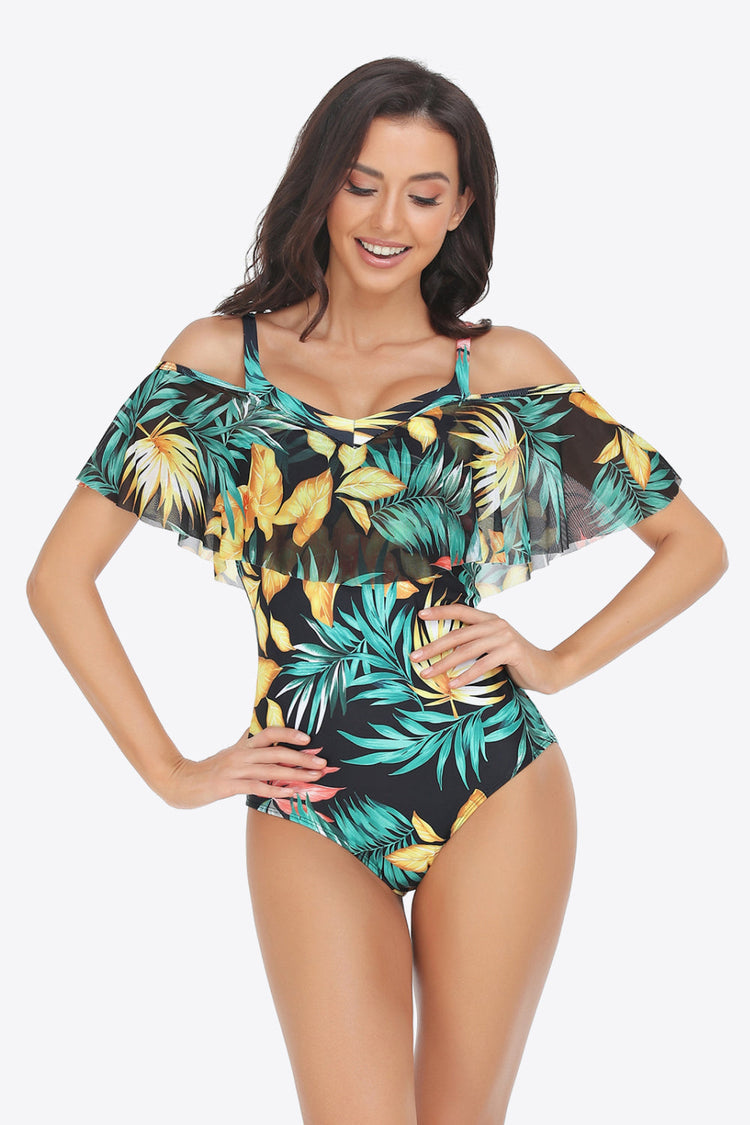 Botanical Print Cold-Shoulder Layered One-Piece Swimsuit - Swimwear One-Pieces - FITGGINS