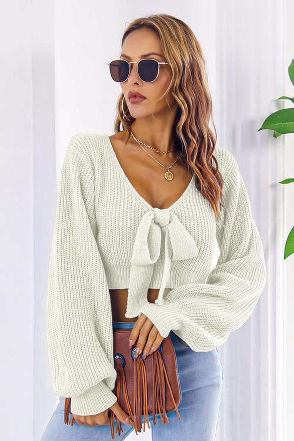 Bow V-Neck Long Sleeve Cropped Sweater - Pullover Sweaters - FITGGINS