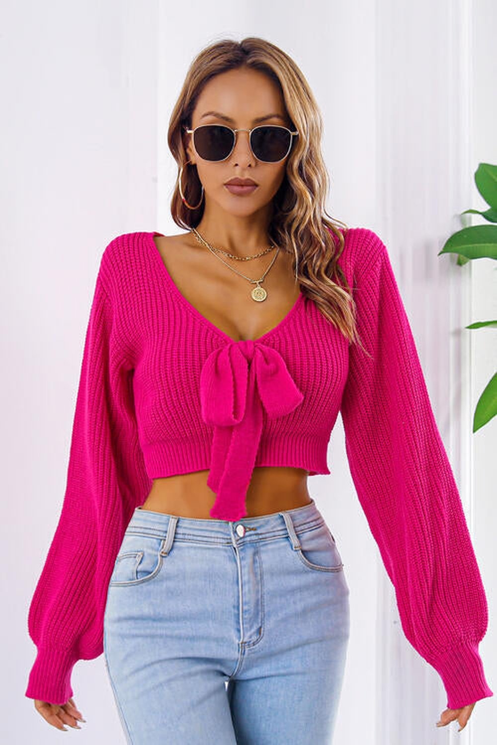 Bow V-Neck Long Sleeve Cropped Sweater - Pullover Sweaters - FITGGINS