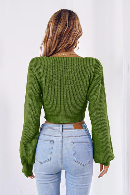 Bow V-Neck Long Sleeve Cropped Sweater - Pullover Sweaters - FITGGINS