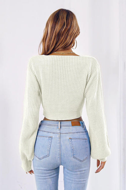 Bow V-Neck Long Sleeve Cropped Sweater - Pullover Sweaters - FITGGINS