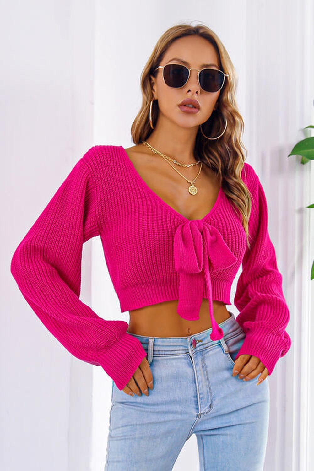 Bow V-Neck Long Sleeve Cropped Sweater - Pullover Sweaters - FITGGINS