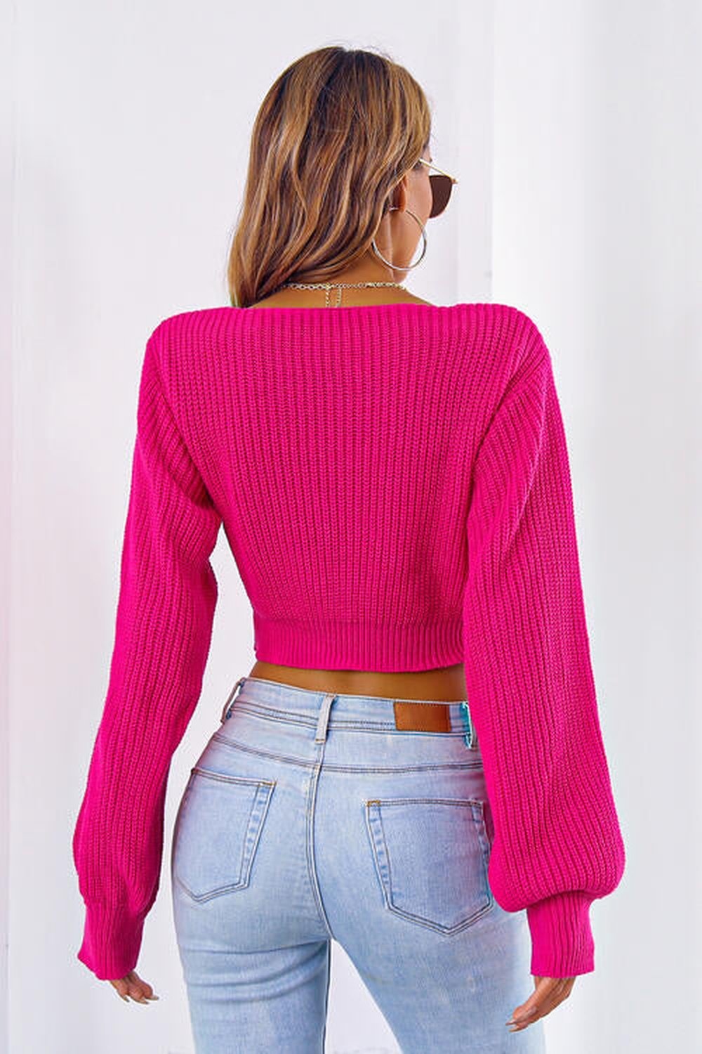 Bow V-Neck Long Sleeve Cropped Sweater - Pullover Sweaters - FITGGINS