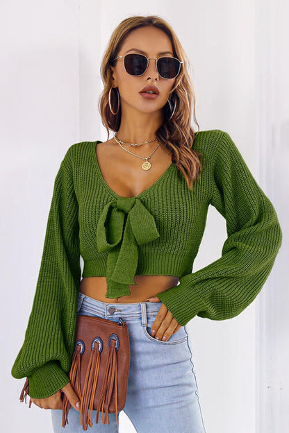 Bow V-Neck Long Sleeve Cropped Sweater - Pullover Sweaters - FITGGINS