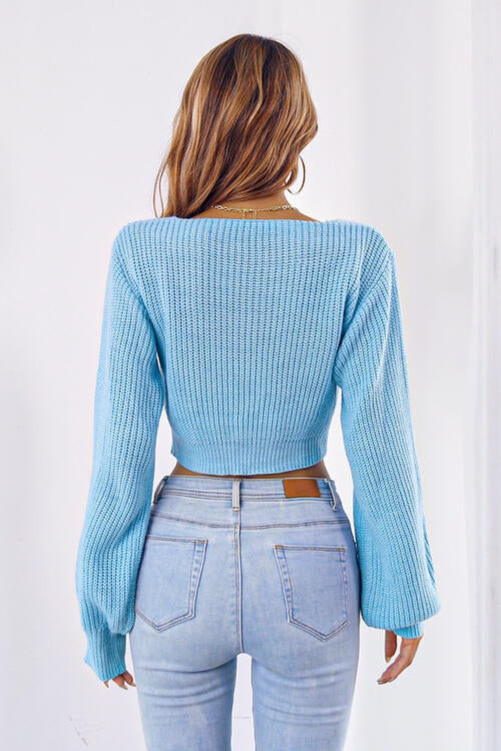 Bow V-Neck Long Sleeve Cropped Sweater - Pullover Sweaters - FITGGINS