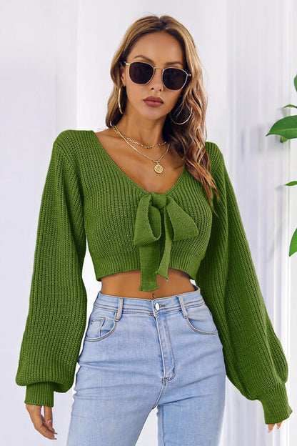 Bow V-Neck Long Sleeve Cropped Sweater - Pullover Sweaters - FITGGINS